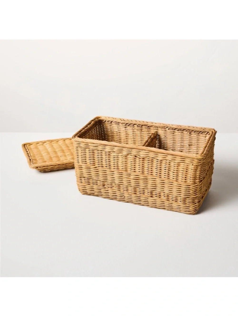 Hearth & Hand MEDIUM Rattan Storage Basket w/ Divided Compartments with Lid NEW